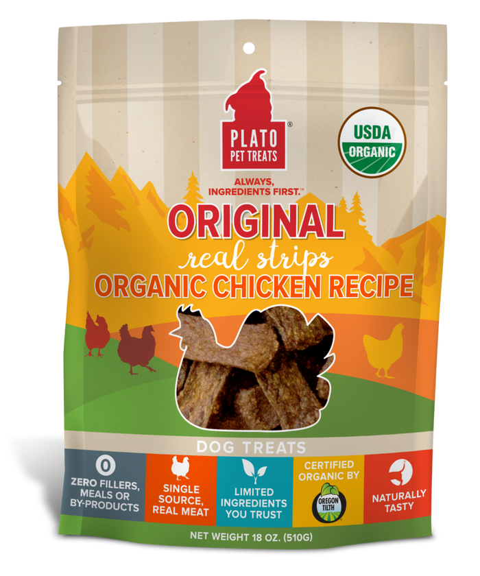 Plato Pet Treats - Real Strips Organic Chicken Meat Bar Dog Treats