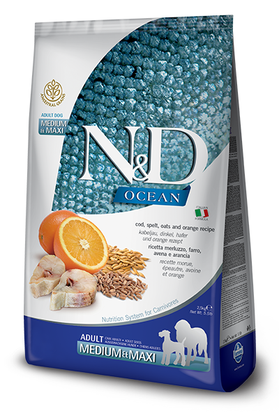 Farmina - N&D Ocean Cod, Spelt, Oats & Orange Med/Maxi Dry Dog Food